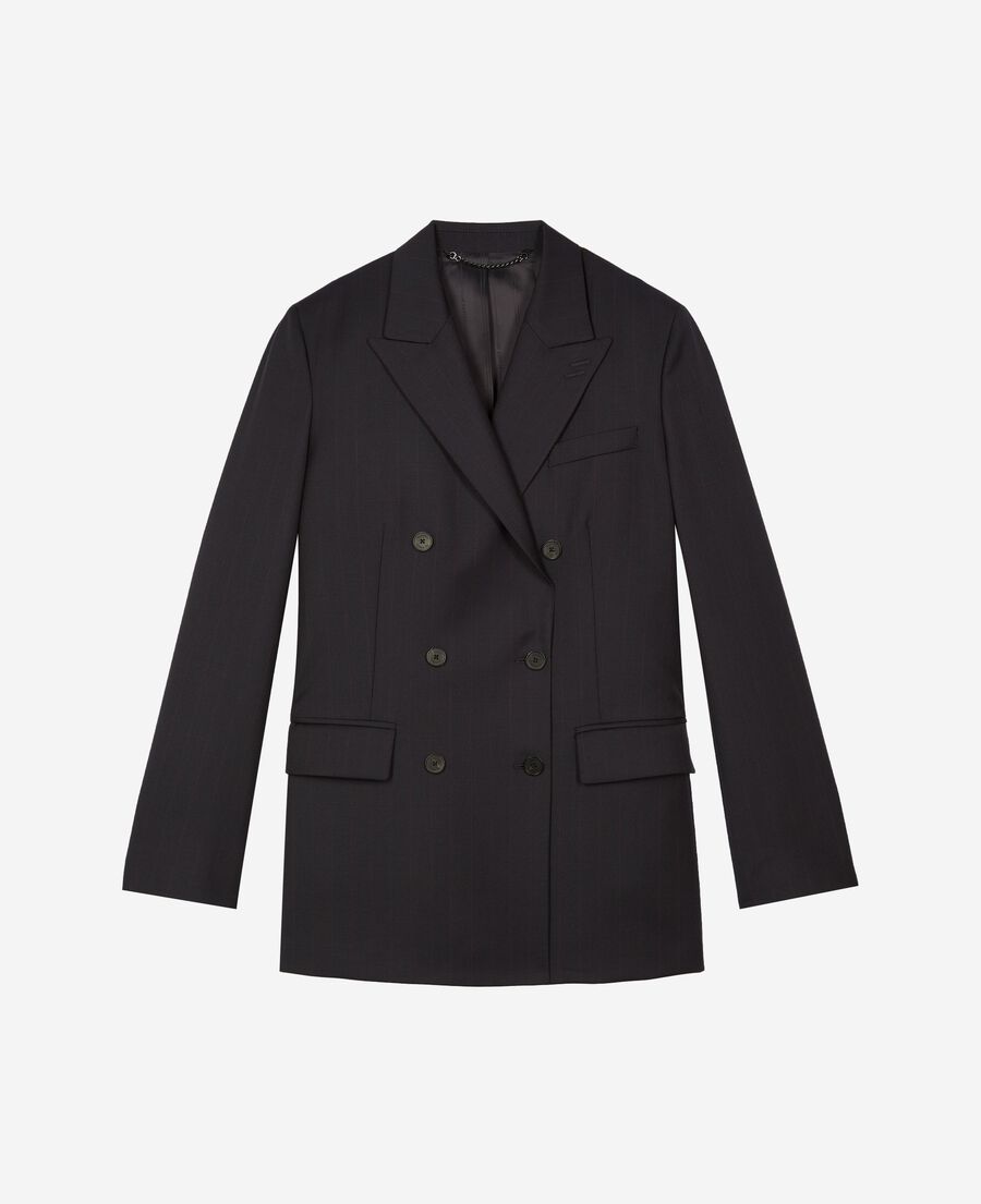 The Kooples FEMME NAVY-RED veste tailleur crois&eacute;e en laine ray&eacute;e marine