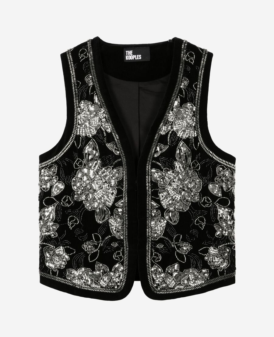 The Kooples F BLACK-ANTIC SILVER black embroidered velvet vest