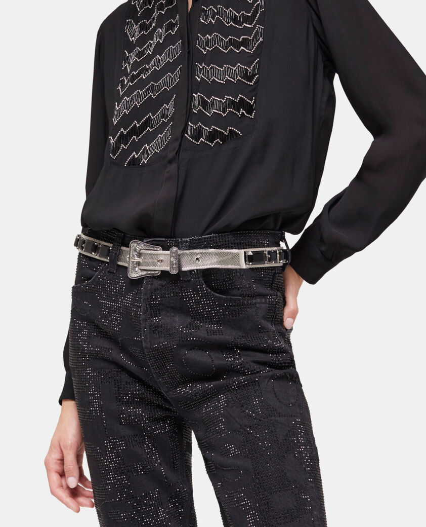 The Kooples WOMEN BLACK WASHED logo black slim-fit jeans with rhinestones