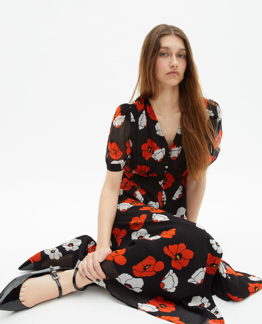 The Kooples WOMEN BLACK RED OFF WHITE black floral print maxi dress
