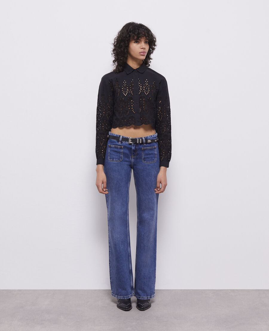 short black shirt with broderie anglaise 