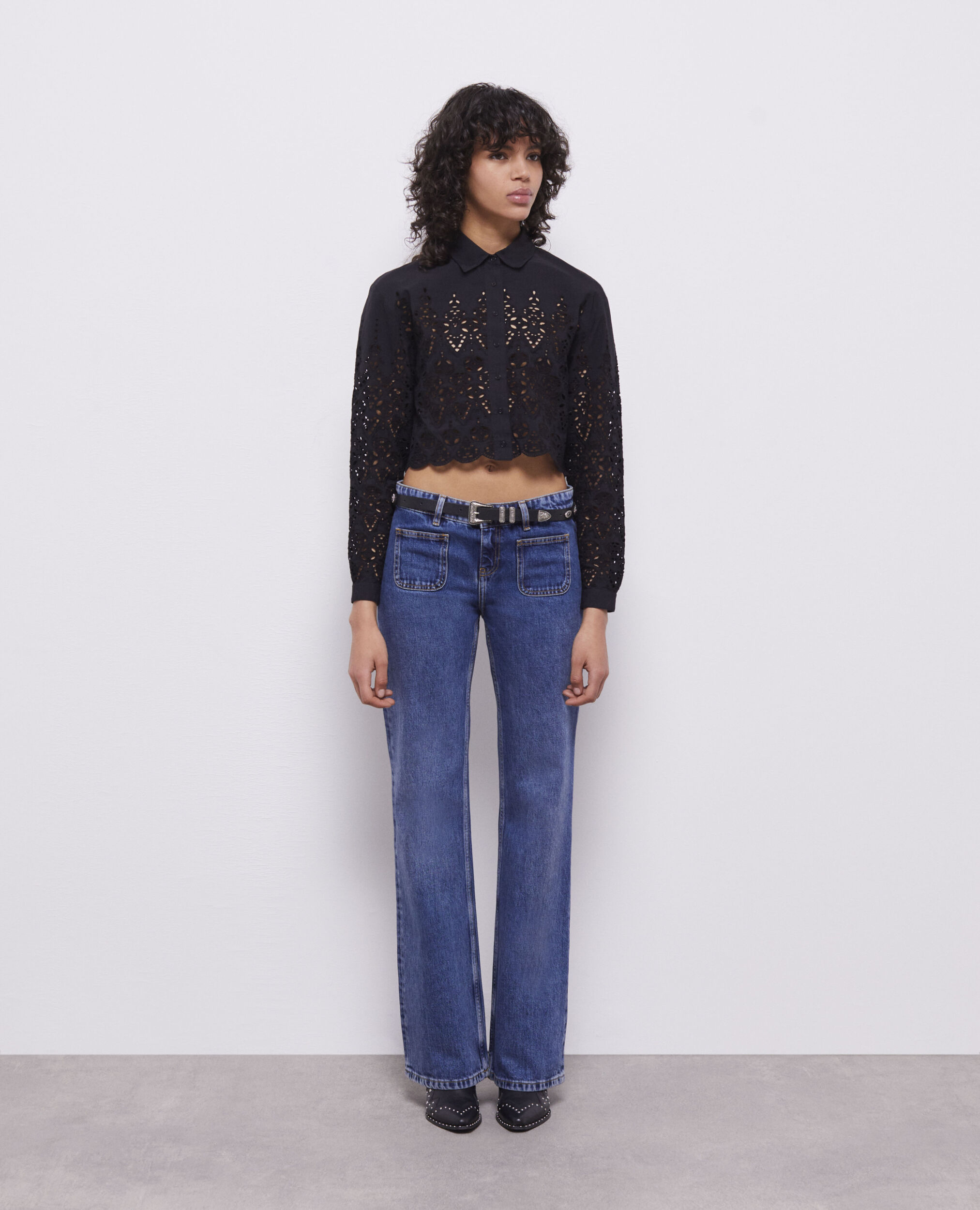 Short black shirt with broderie anglaise , BLACK, hi-res image number null