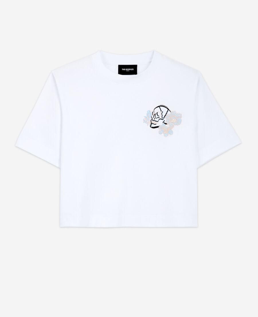 white cotton embroidered t-shirt w/ crew neck