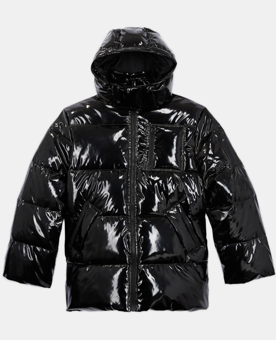 black oversized vinyl down jacket with straps and logo