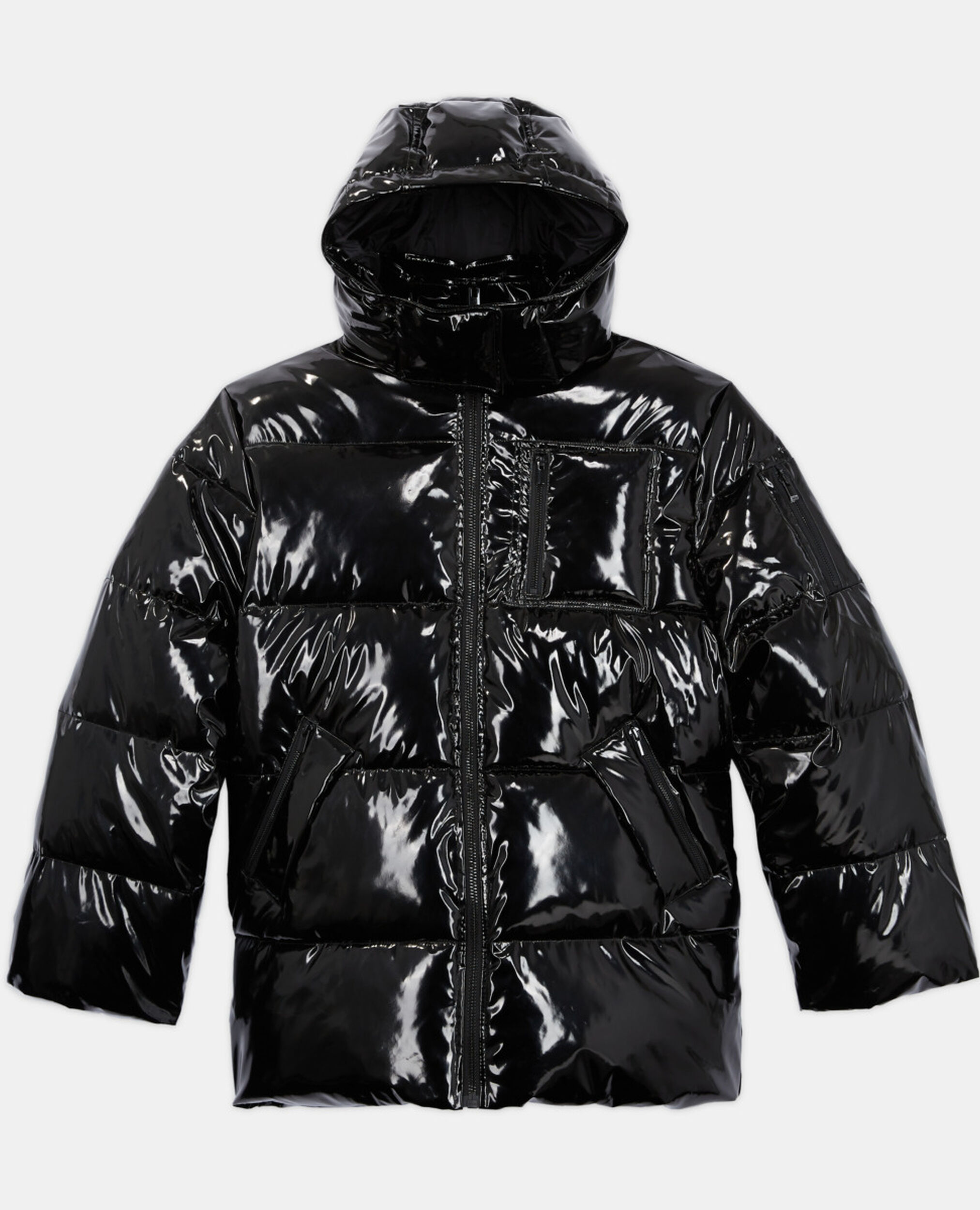 Black oversized vinyl down jacket with straps and logo, BLACK, hi-res image number null