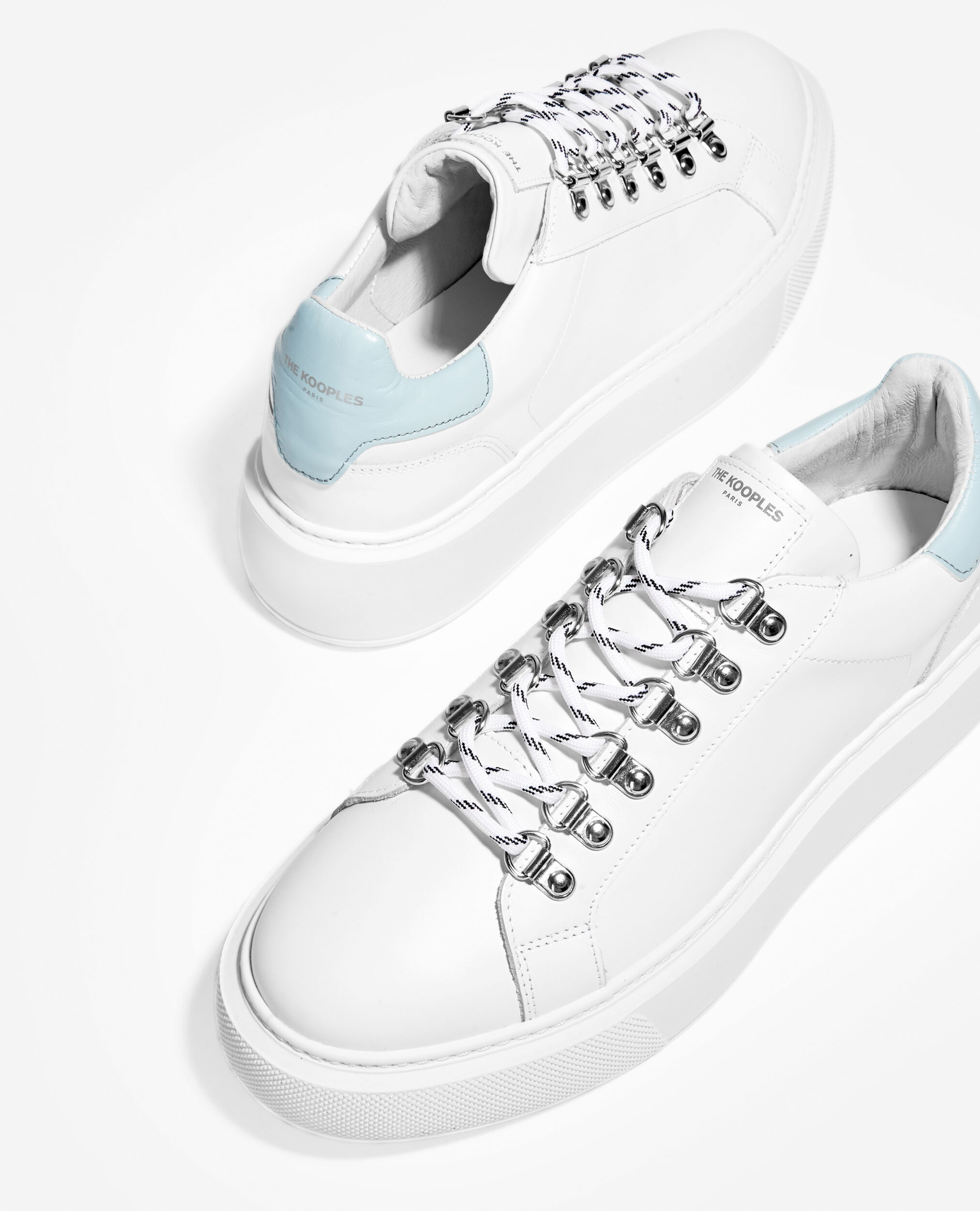 White smooth leather sneakers with detail, WHITE / SKY BLUE, hi-res image number null