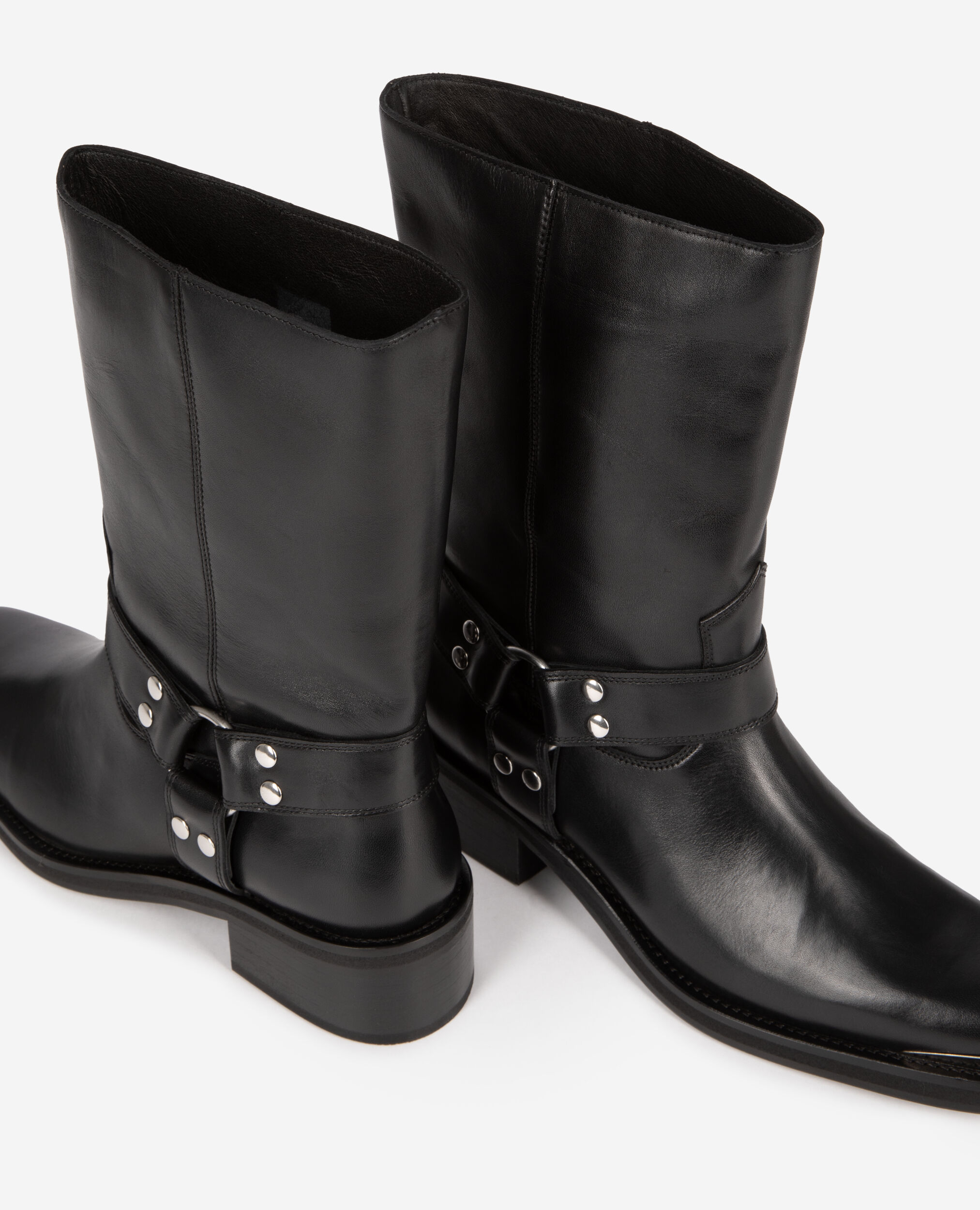 Schwarze Stiefel mit Riemen aus Leder, BLACK, hi-res image number null
