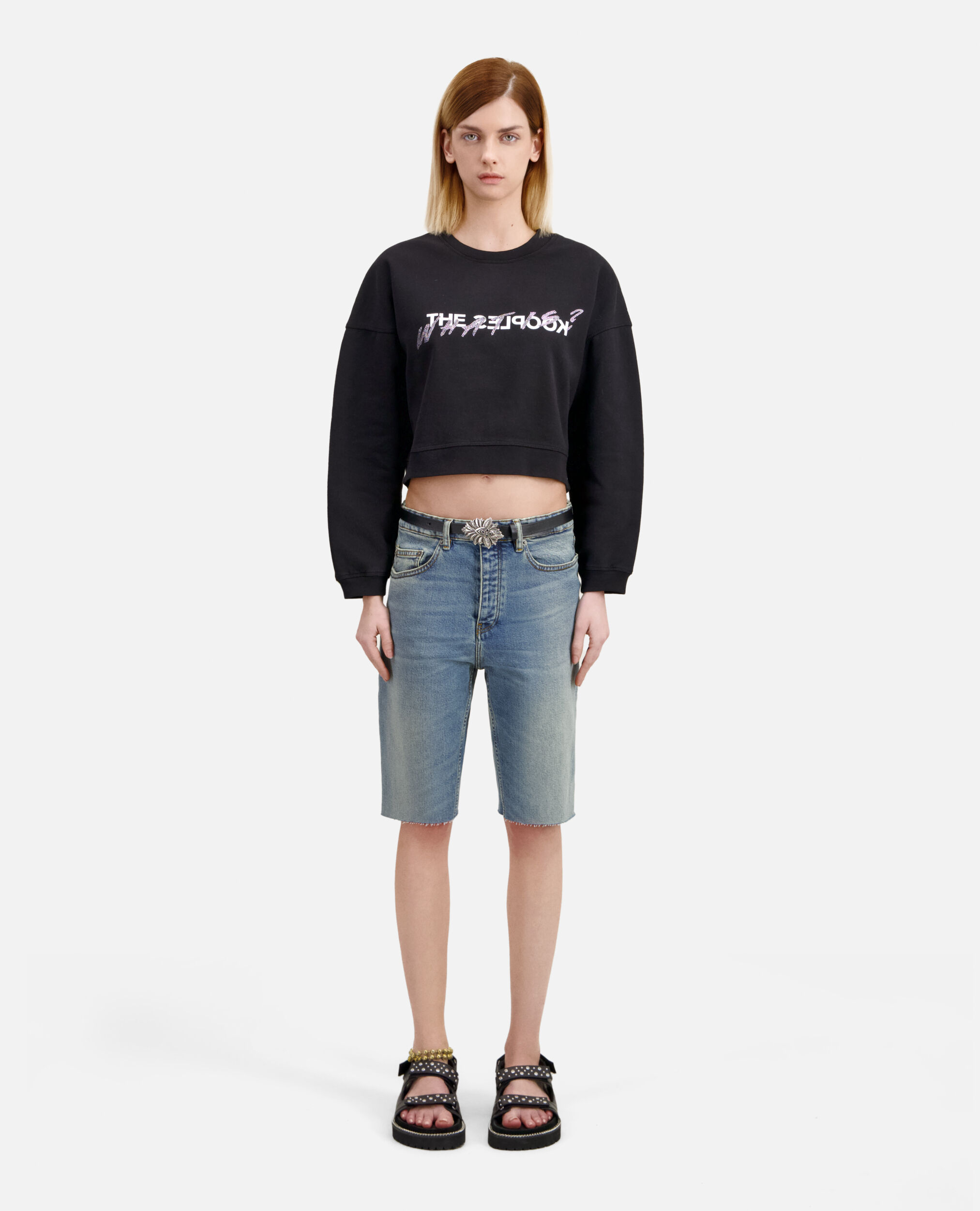 Short black What is sweatshirt with rhinestones, BLACK, hi-res image number null