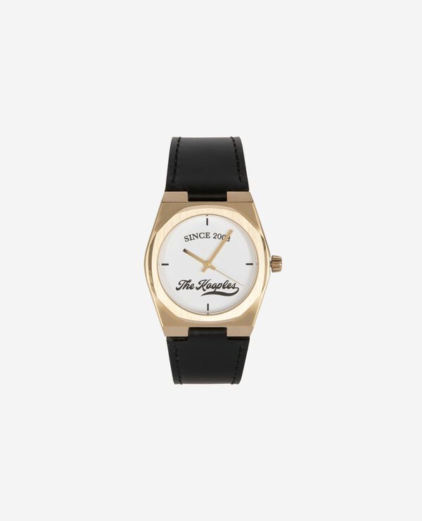 The Kooples MIXED BLACK / GOLD watch with logo and black leather strap