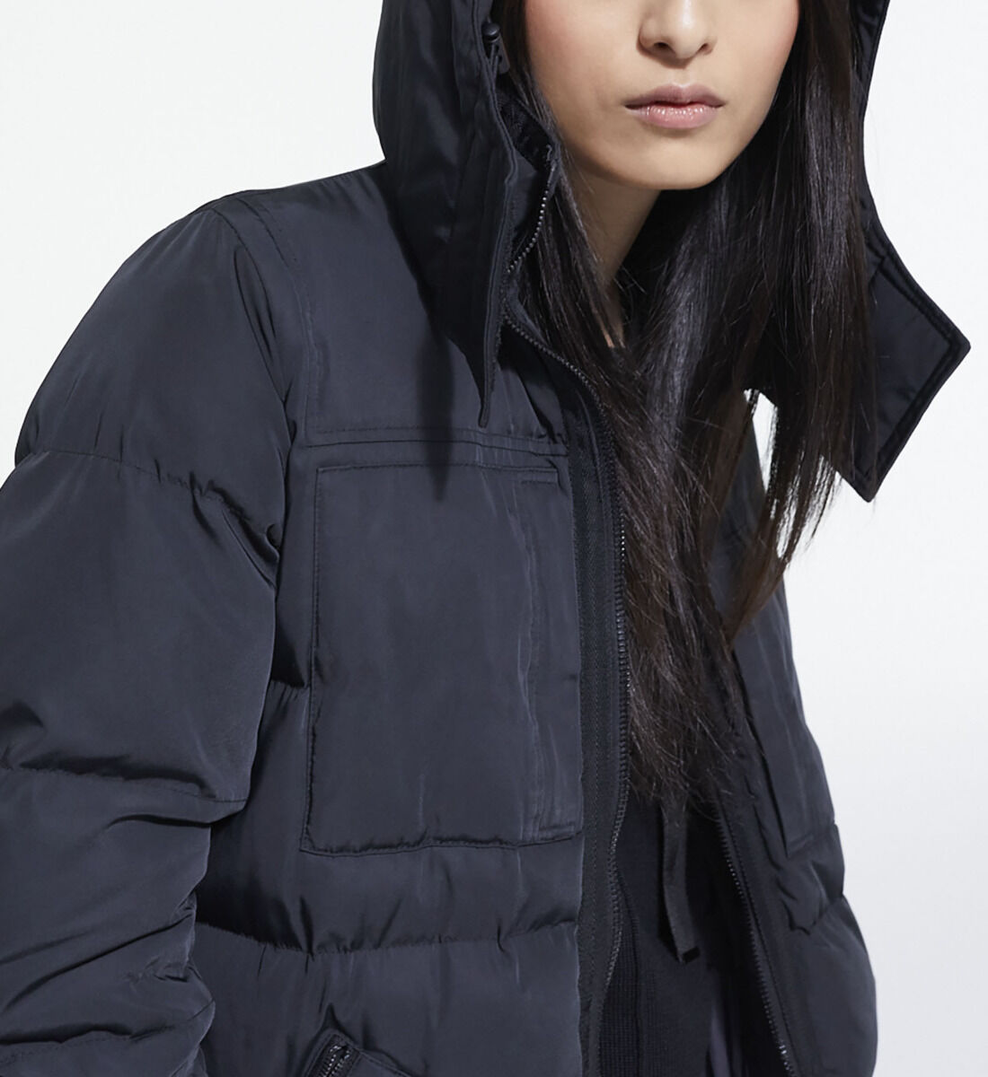 Doudoune longue noire bretelles logo The Kooples