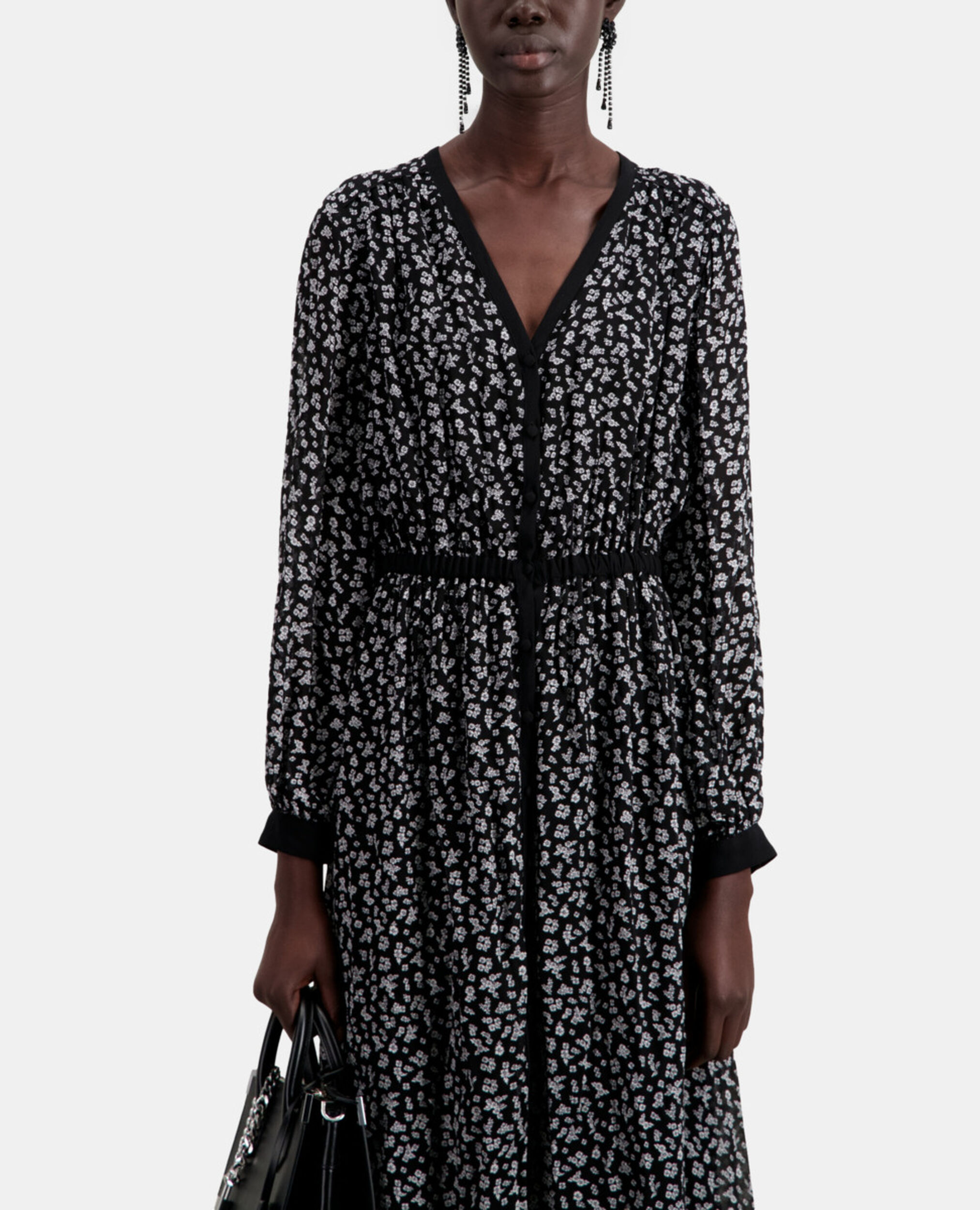 Long printed dress with buttoning, BLACK-ECRU, hi-res image number null