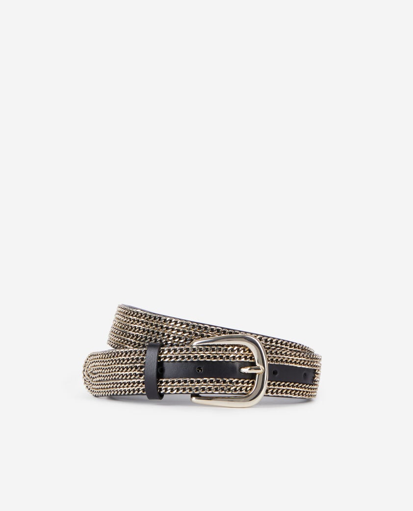 The Kooples WOMEN GOLD black leather belt with chains