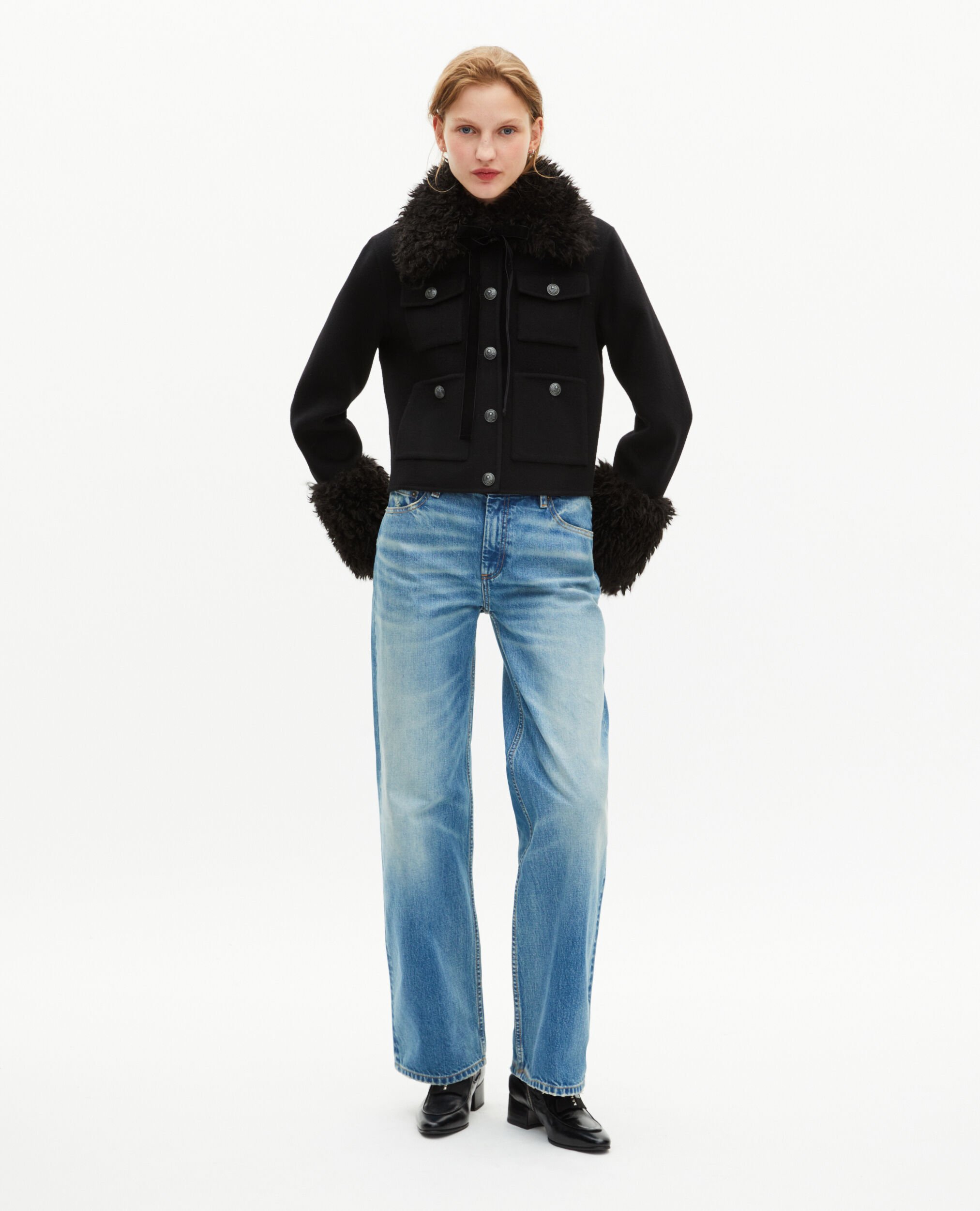 Chaqueta negra con cuello de sherpa, BLACK, hi-res image number null