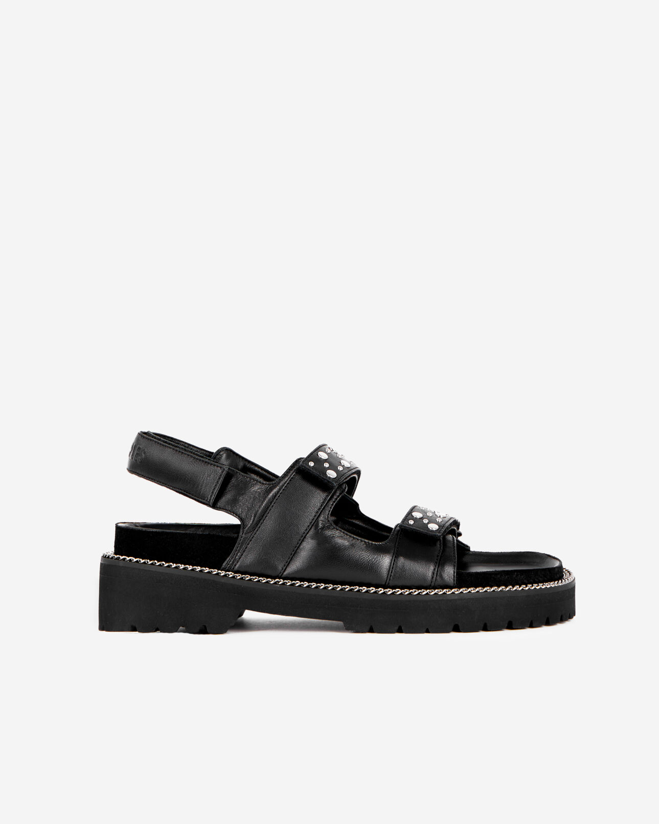The Kooples FEMME BLACK sandales plates en cuir noir avec chaîne et clous