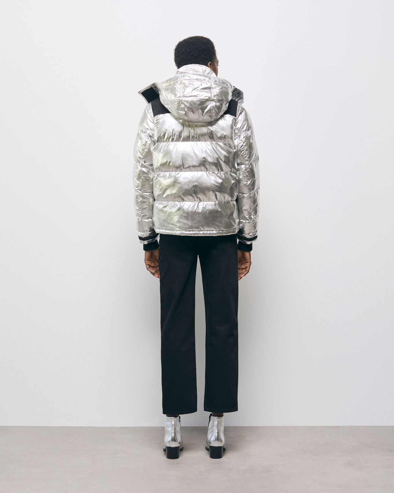 The Kooples WOMEN SILVER silver down jacket with straps and logo