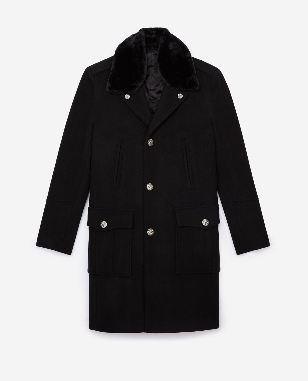 Straight black coat with faux fur collar