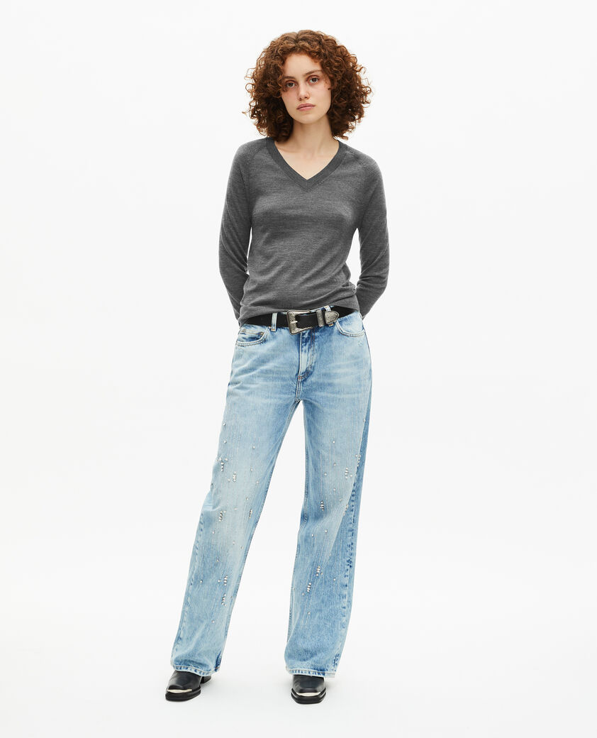 The Kooples FEMME DARK GREY MELANGE pull col v en laine mérinos gris
