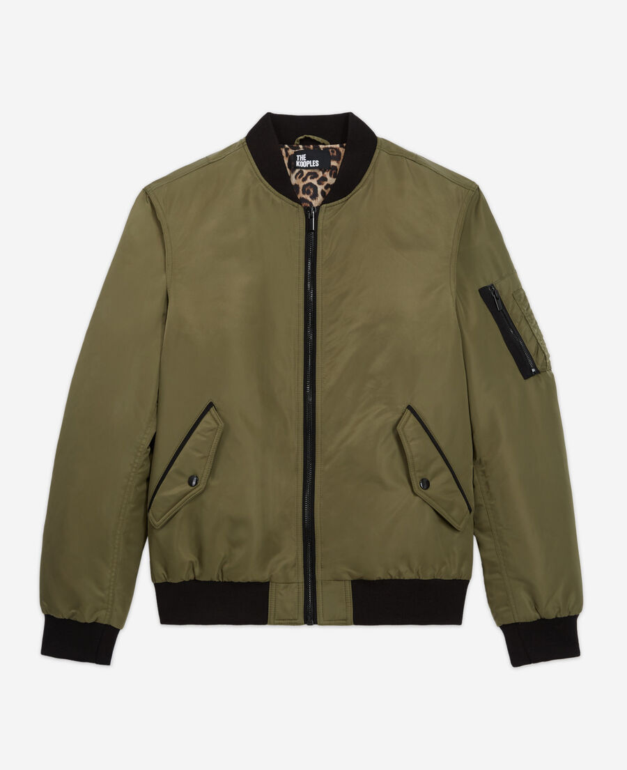 khaki bomber jacket with leopard lining
