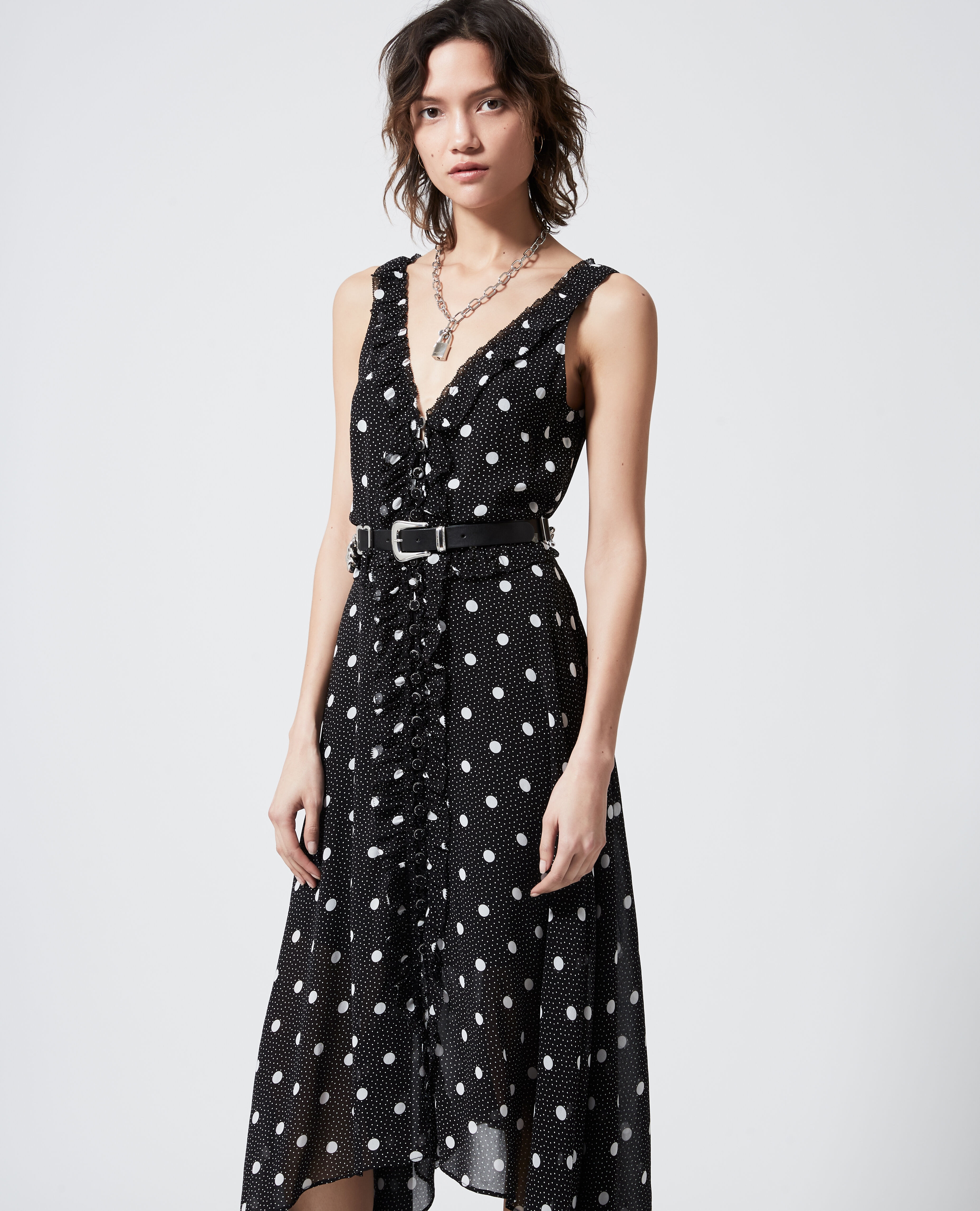 Long printed black dress with bow