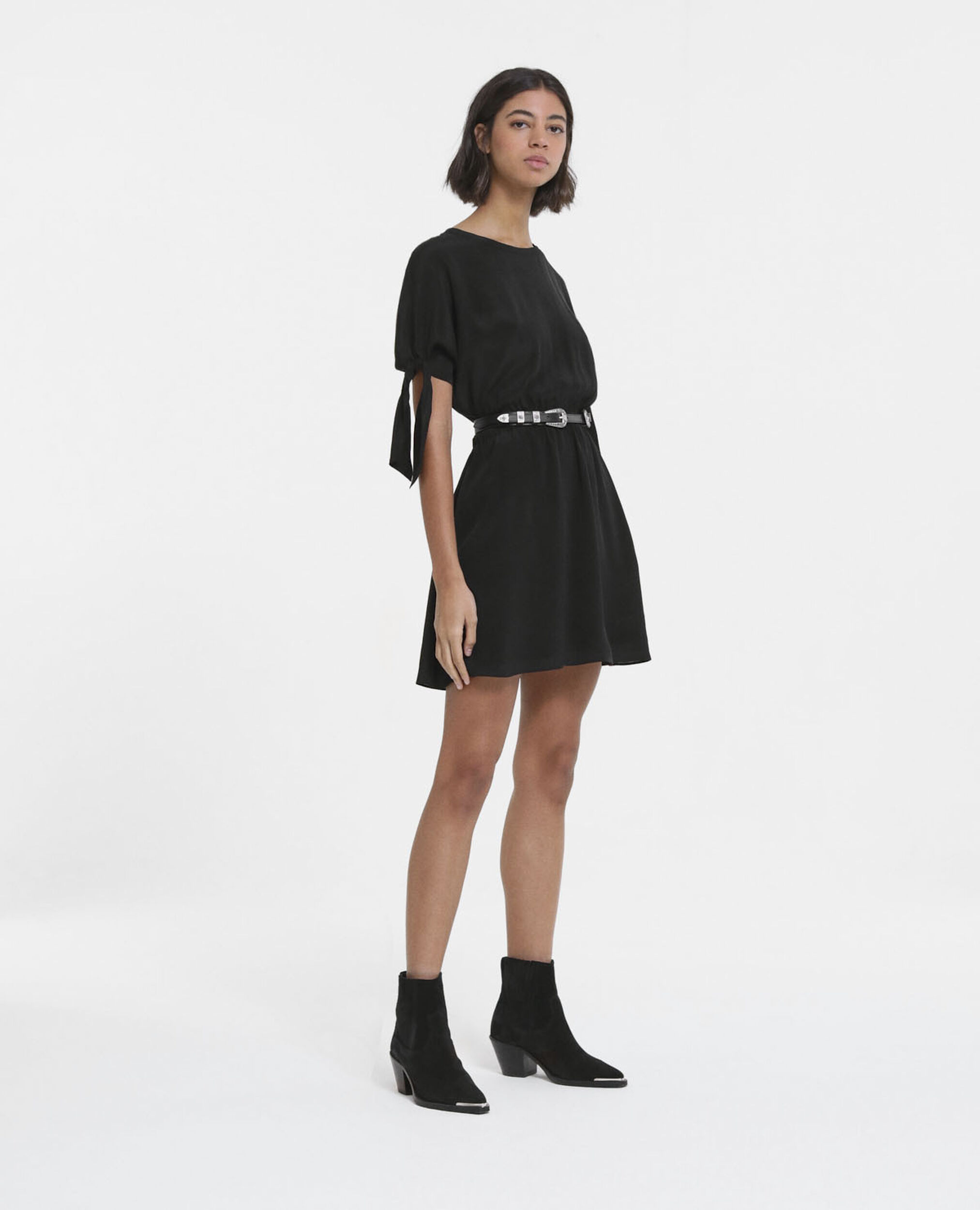 Short black dress with knotted short sleeves, BLACK, hi-res image number null