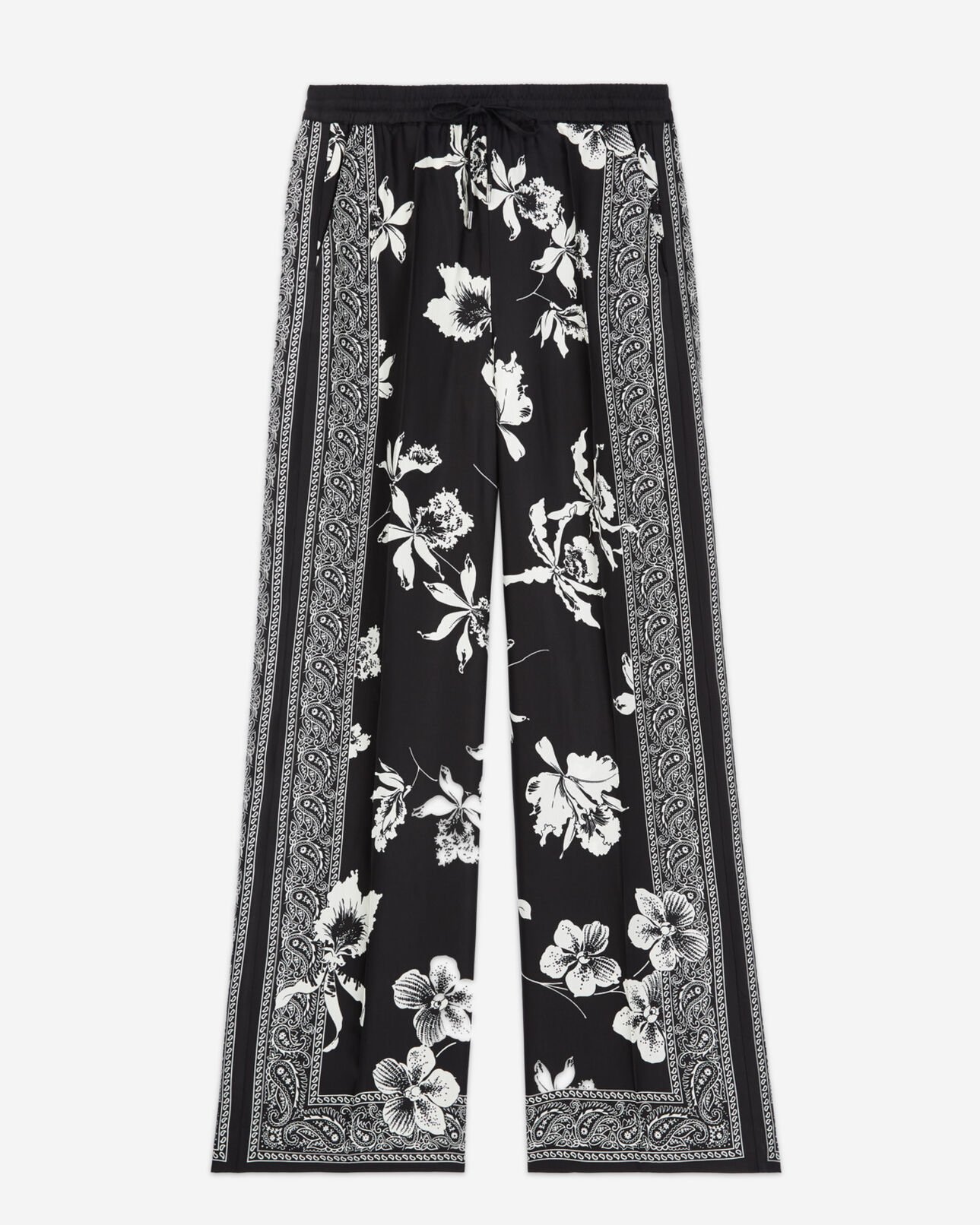 The Kooples WOMEN BLACK WHITE flowing black - white pants with scarf motif