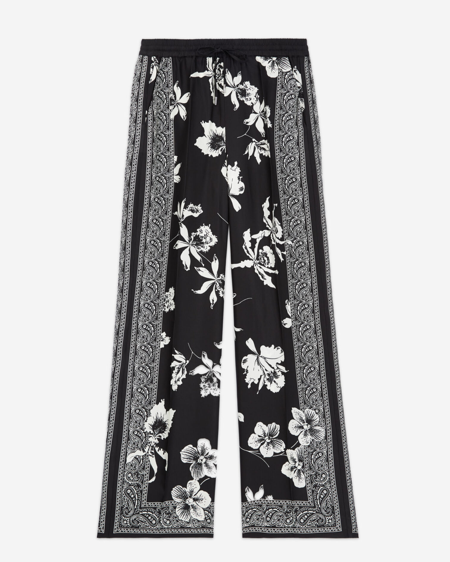 Flowing black - white pants with scarf motif, BLACK WHITE, hi-res image number null