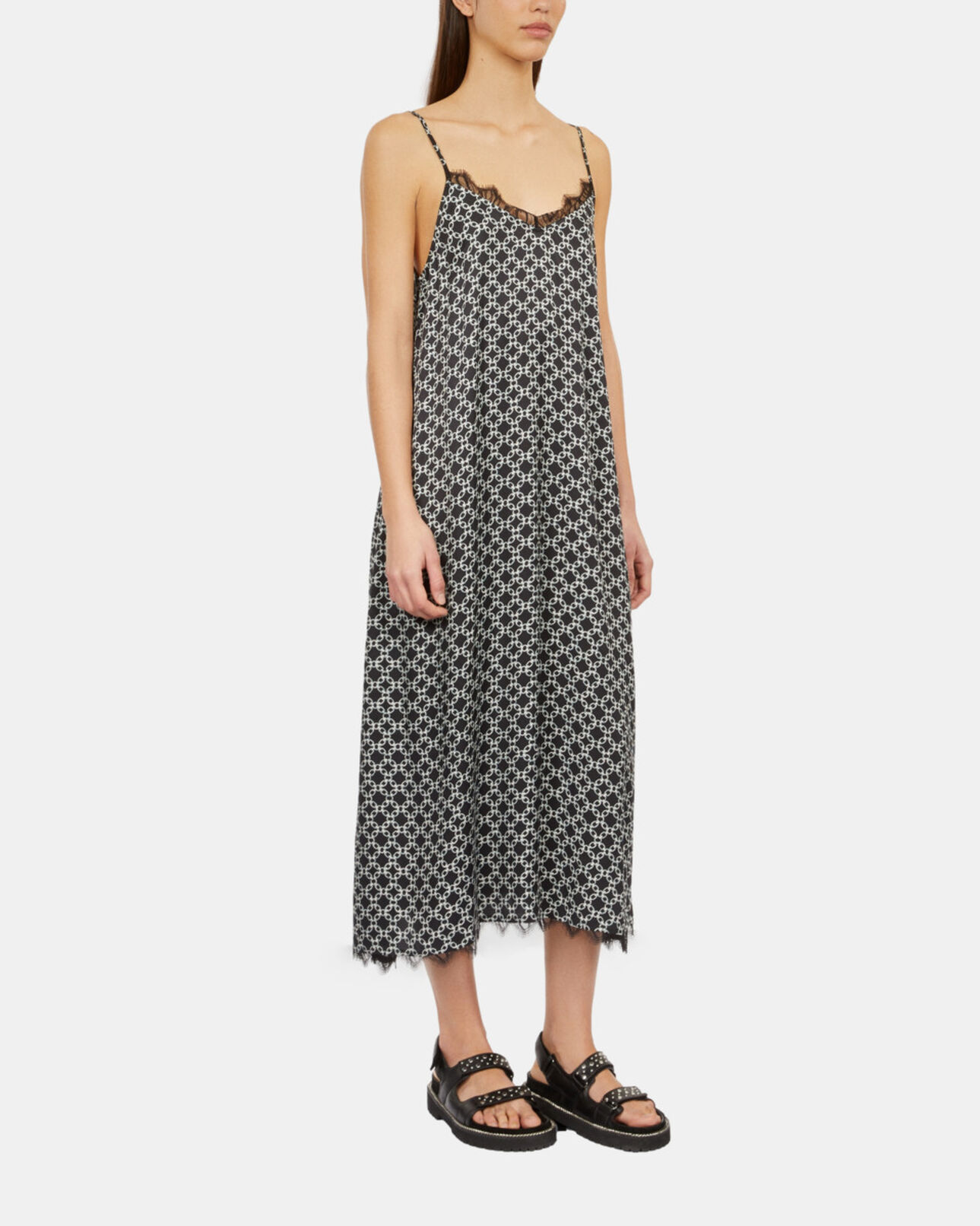 The Kooples WOMEN BLACK WHITE long printed slip dress