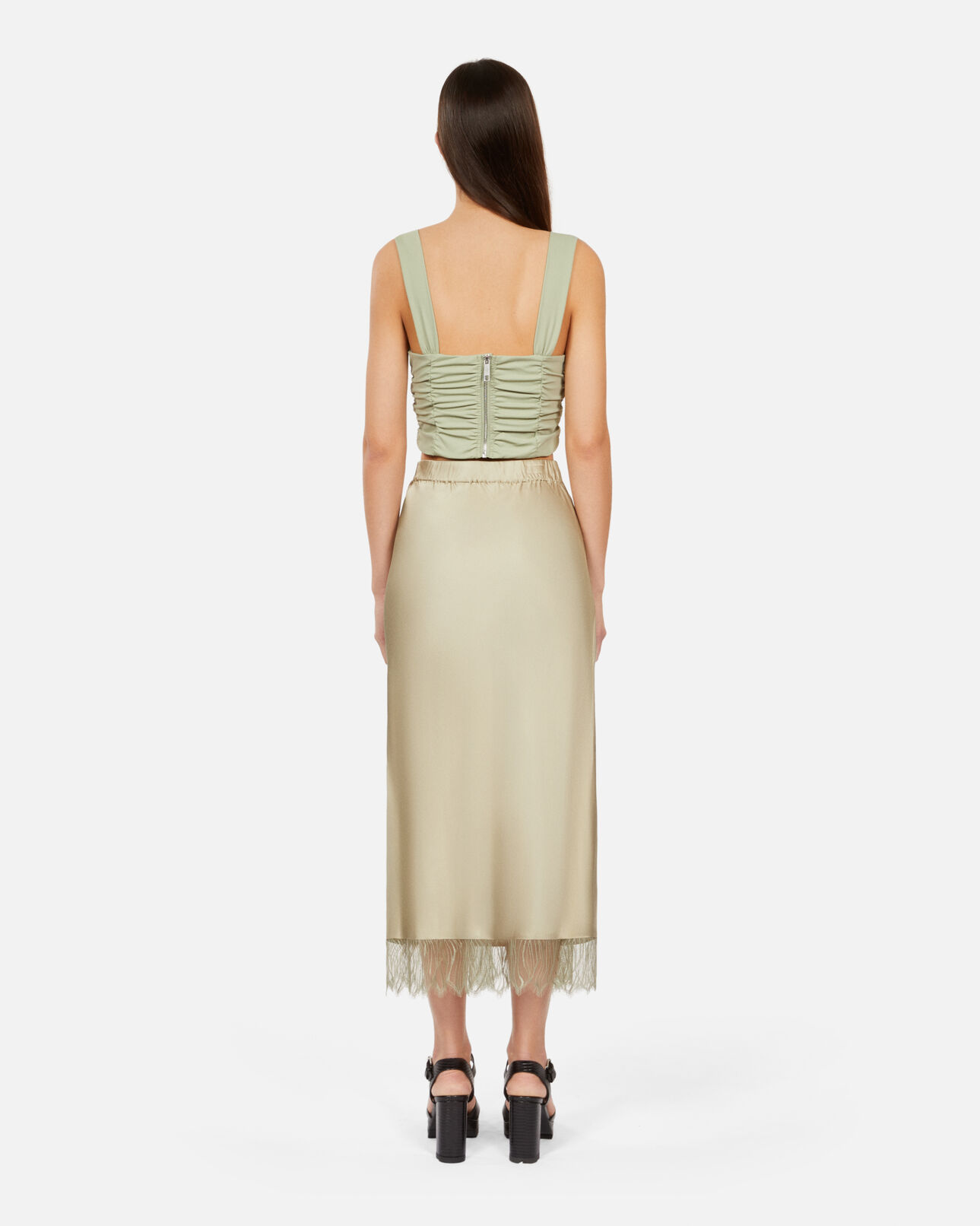The Kooples WOMEN KAKI GREY long light green skirt with lace