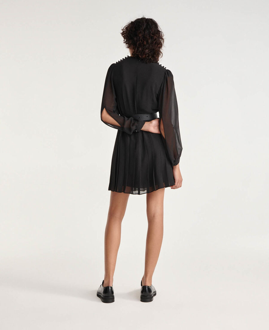 pleated short black dress with shoulder buttons