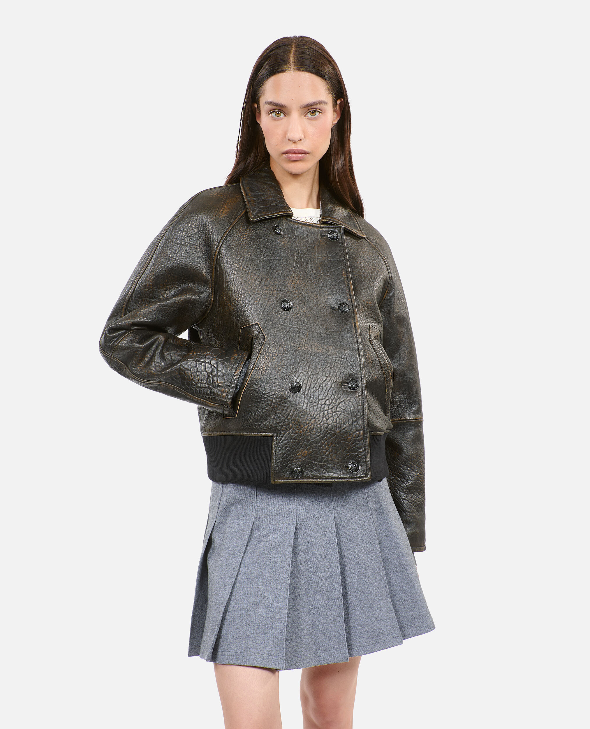Brown leather jacket, DARK BROWN, hi-res image number null