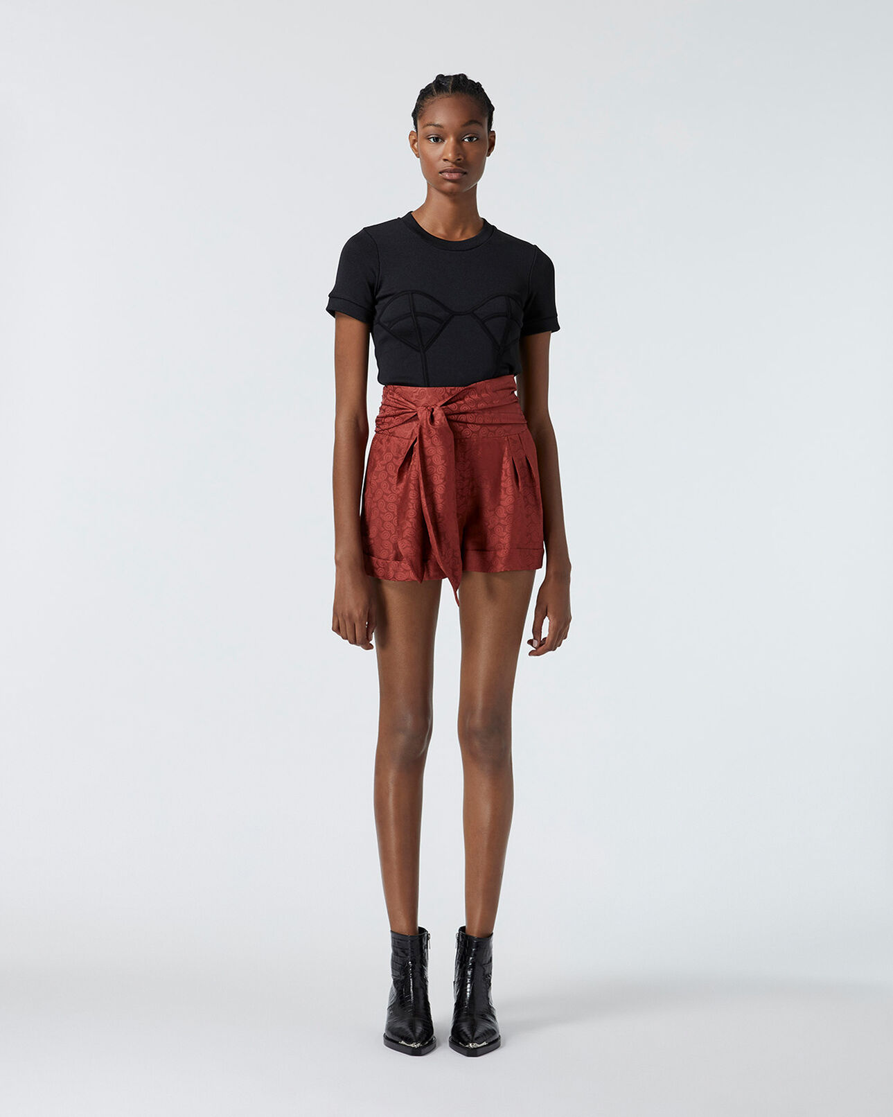 The Kooples WOMEN PINK pink jacquard satin shorts with waist tie