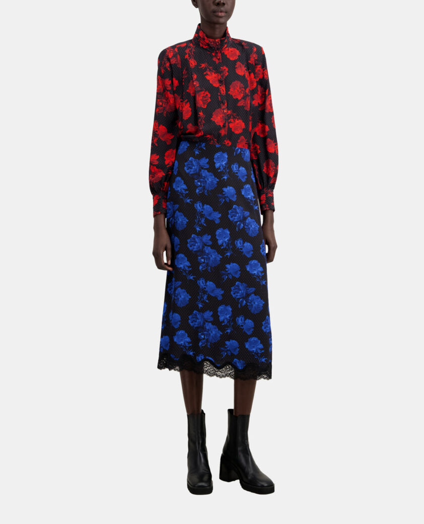The Kooples WOMEN BLACK BLUE long printed silk skirt with lace details