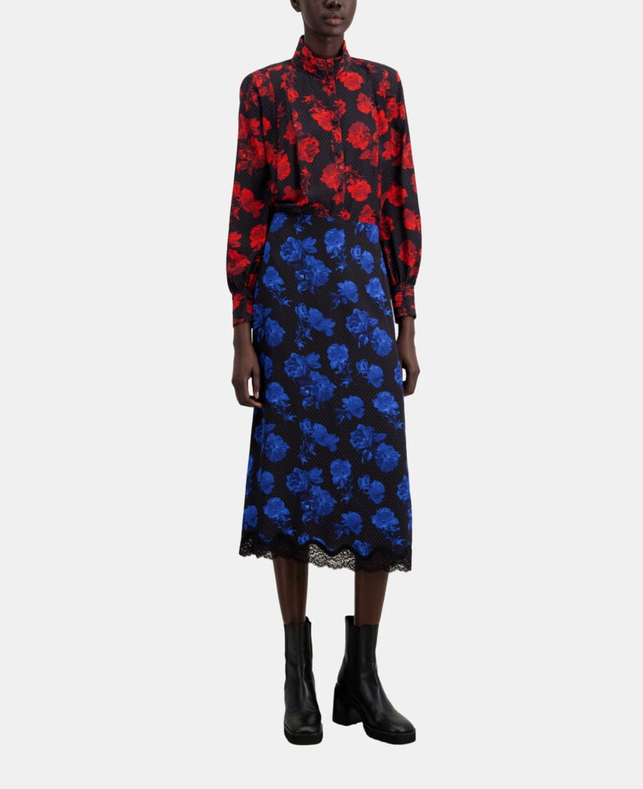 The Kooples FEMME BLACK BLUE jupe longue imprimée en soie avec détails en dentelle