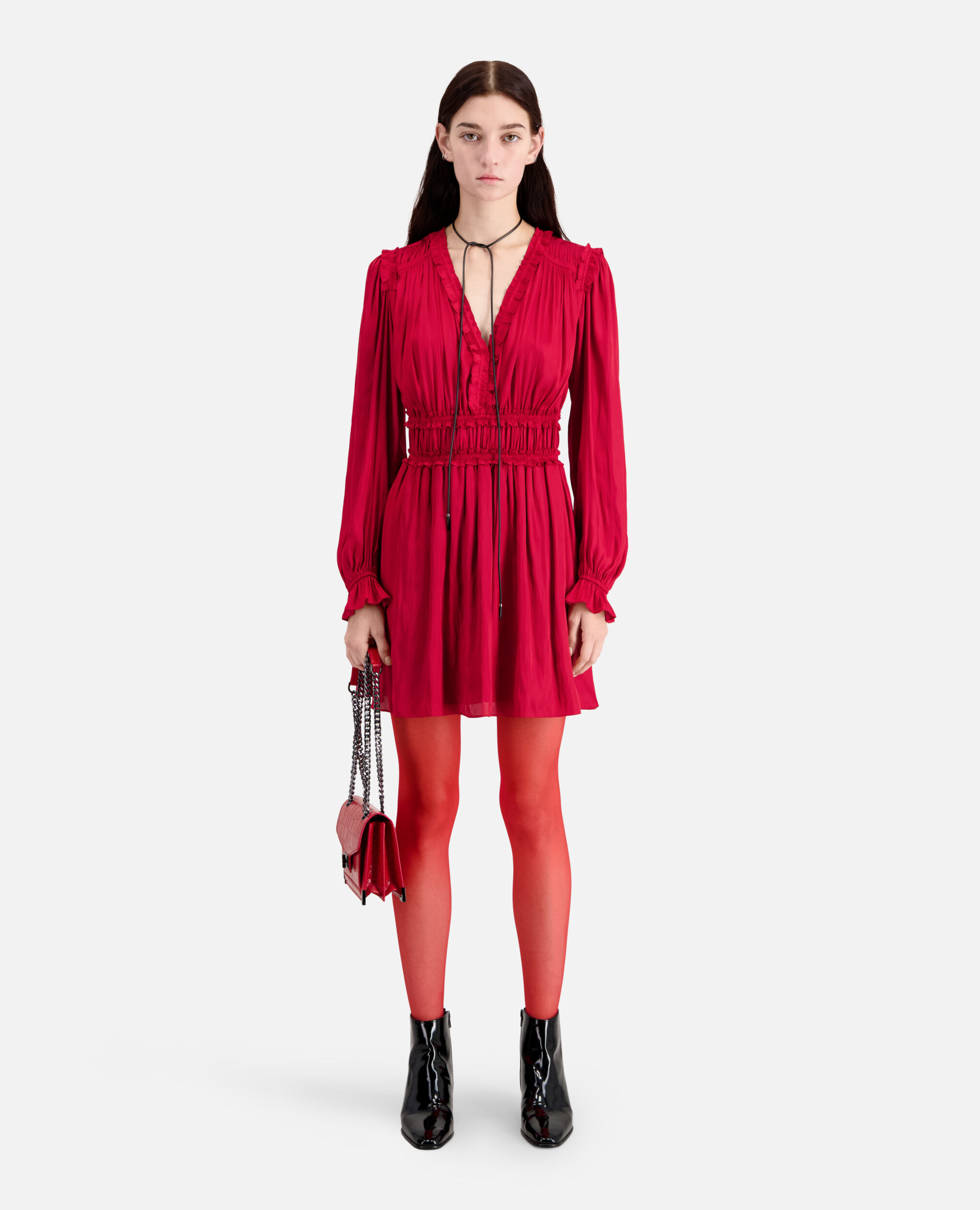 Rotes kurzes Kleid mit Raffungen, LIGHT BURGUNDY, hi-res image number null