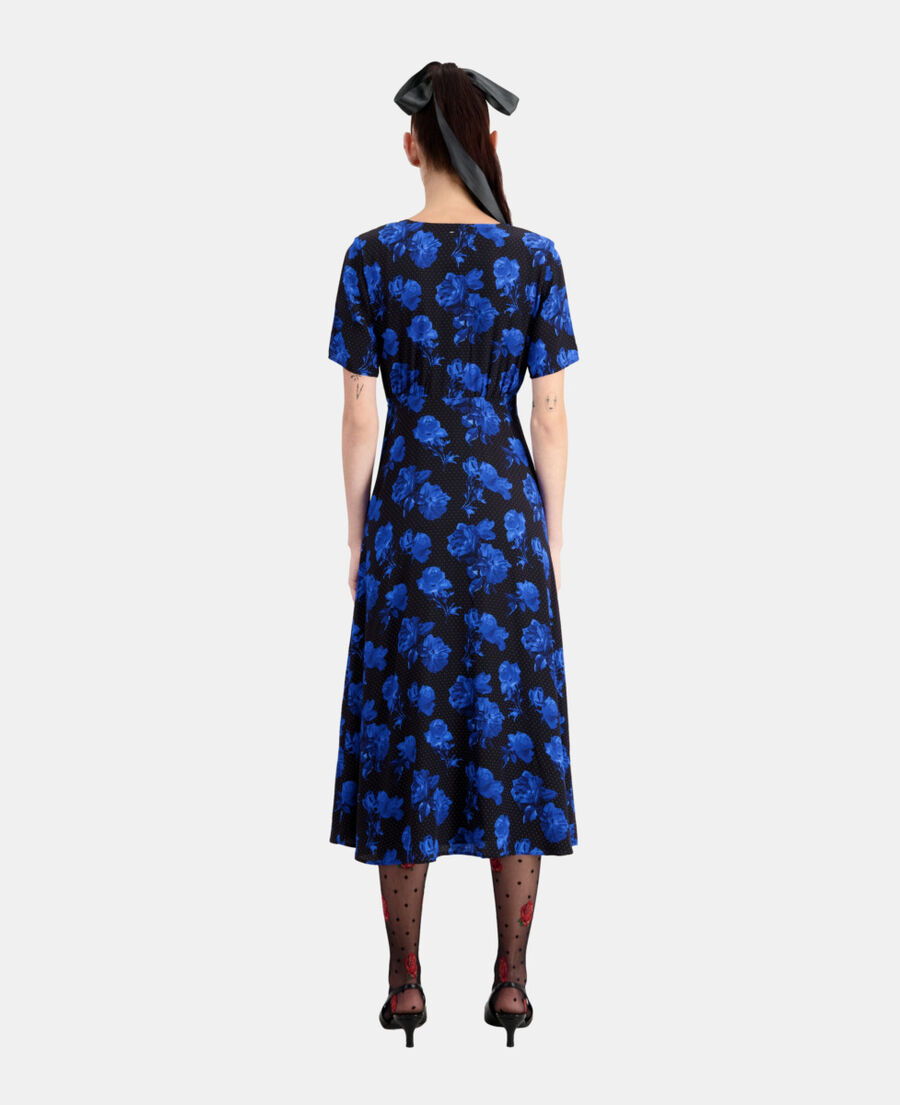 The Kooples WOMEN BLACK BLUE long printed silk dress with buttoning