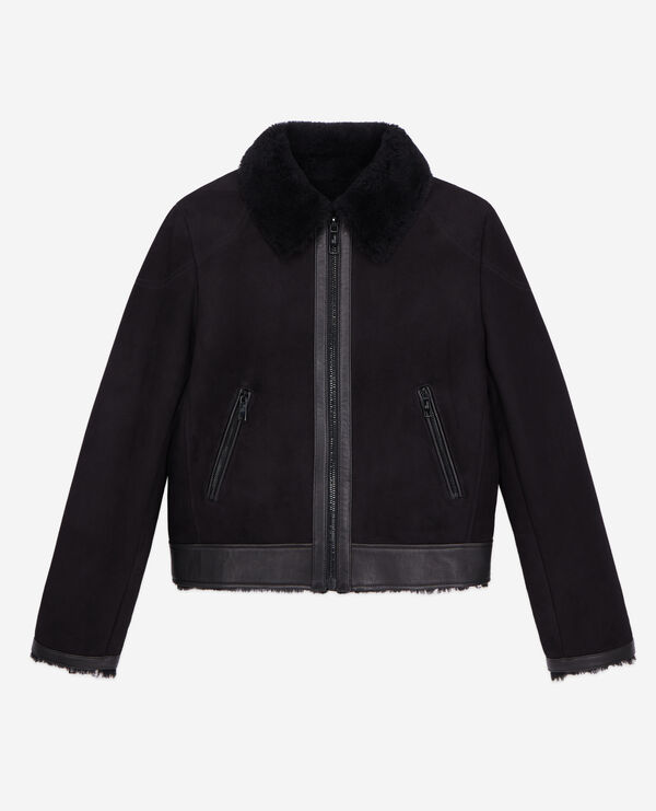 blouson aviateur noir en peau lainée