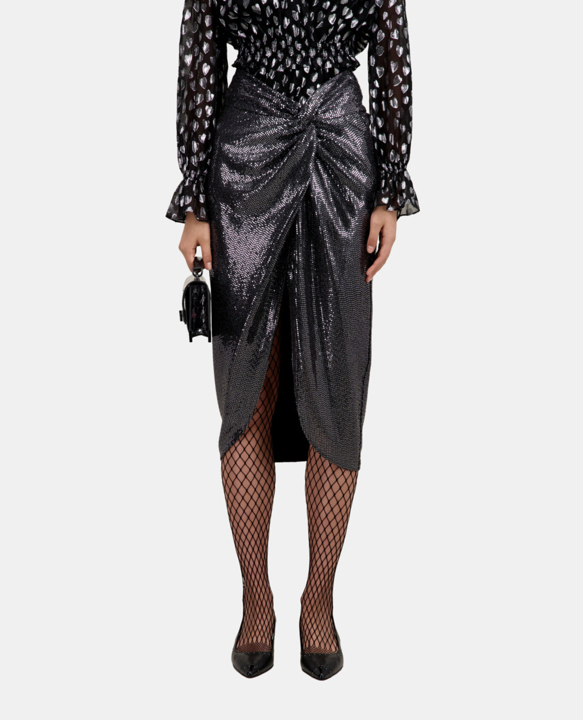 Metallic mid-length skirt, SILVER, hi-res image number null