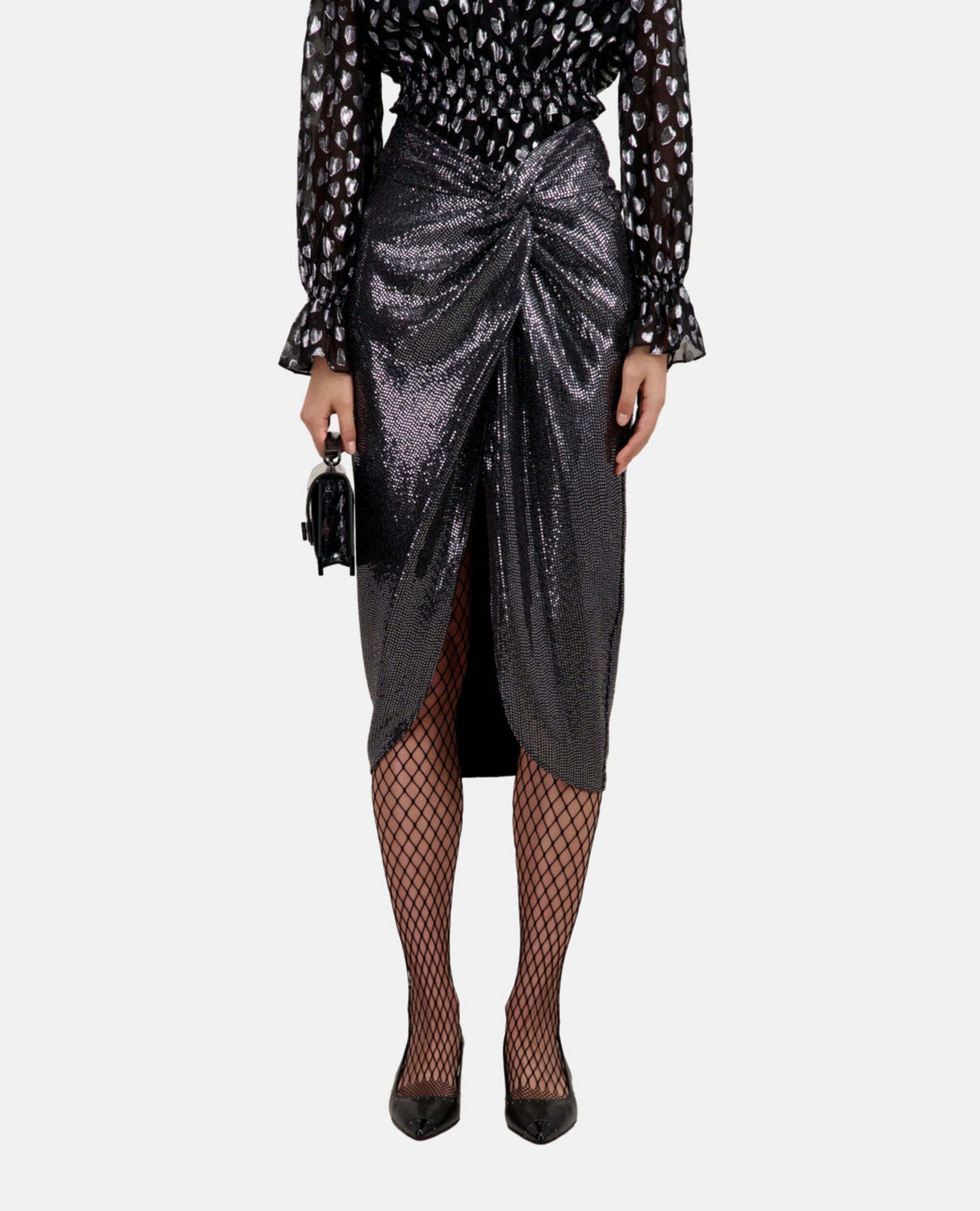 Metallic mid-length skirt, SILVER, hi-res image number null