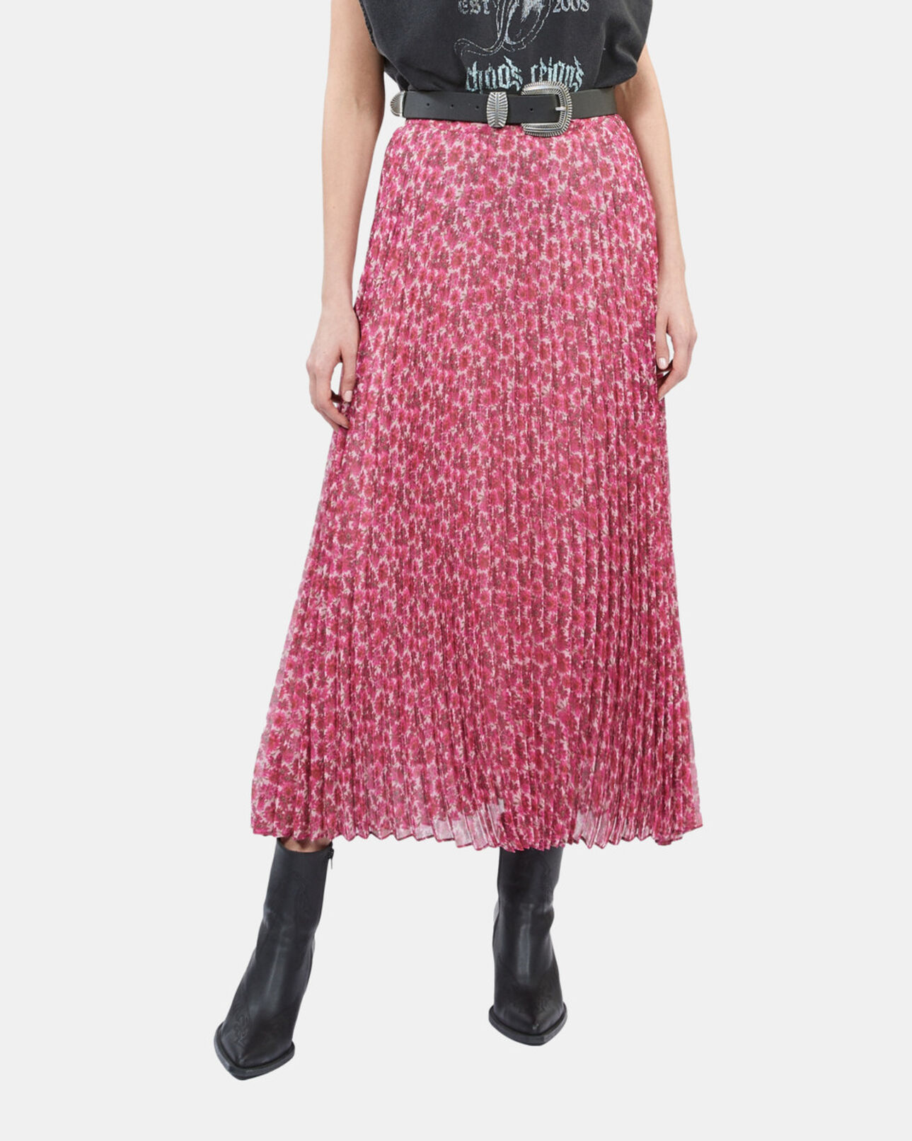 The Kooples FEMME PINK jupe longue plissée fleurie