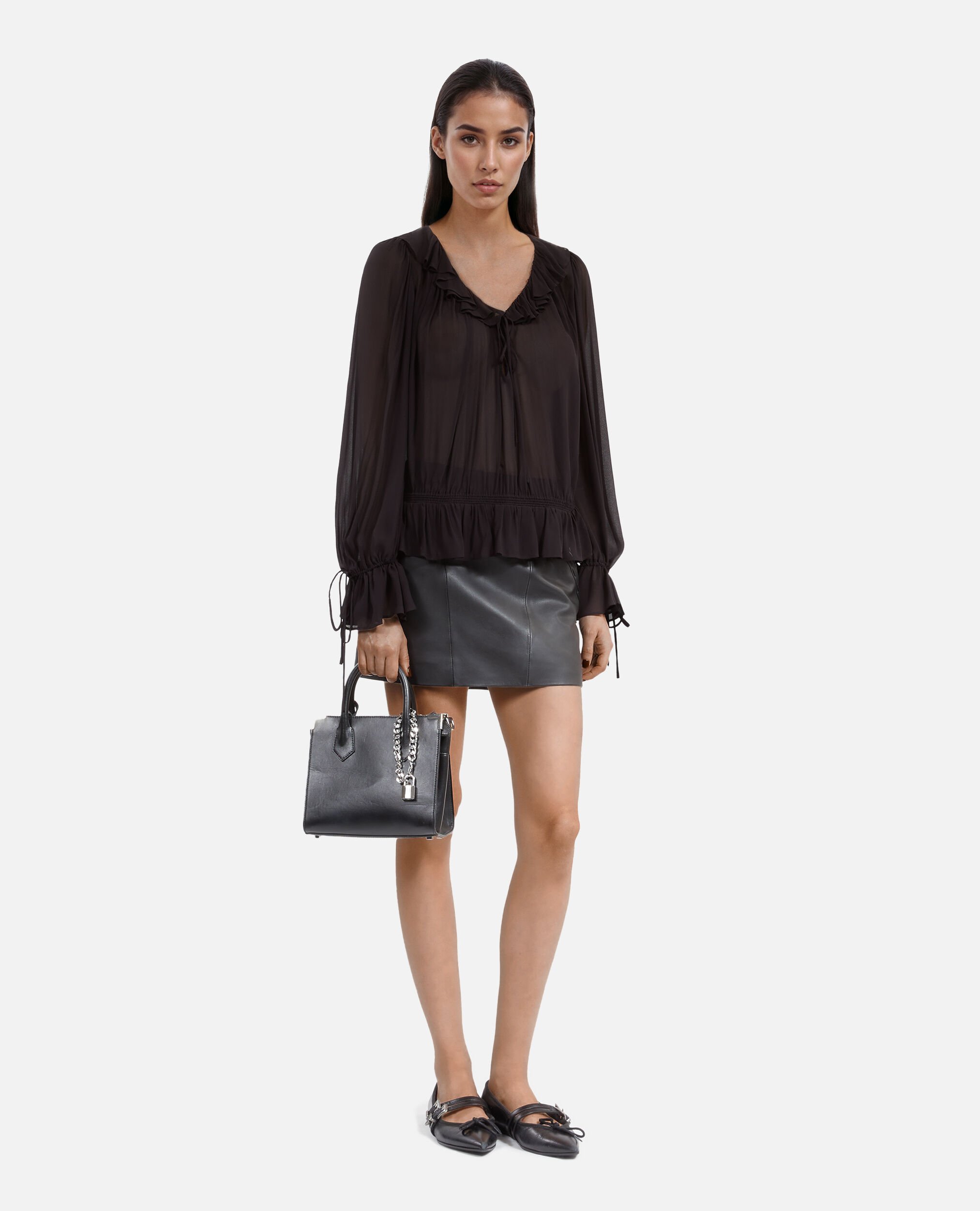 Black blouse with ruffles, BLACK STONE, hi-res image number null