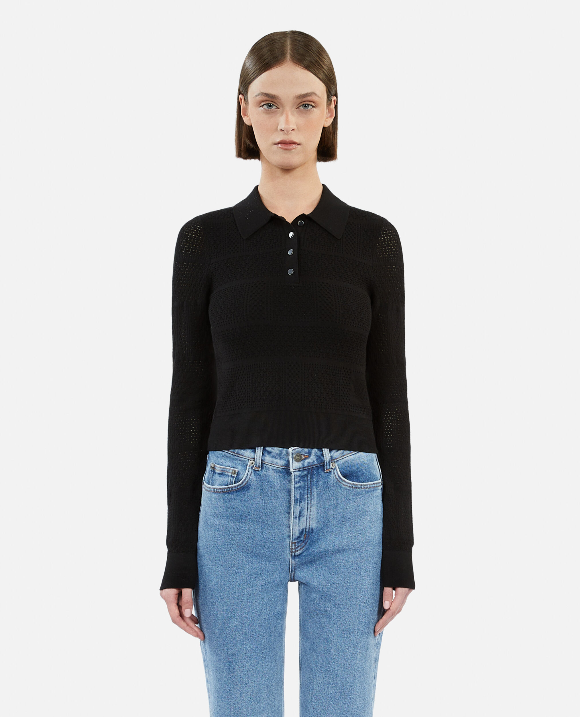 Black openwork knit polo shirt, BLACK, hi-res image number null