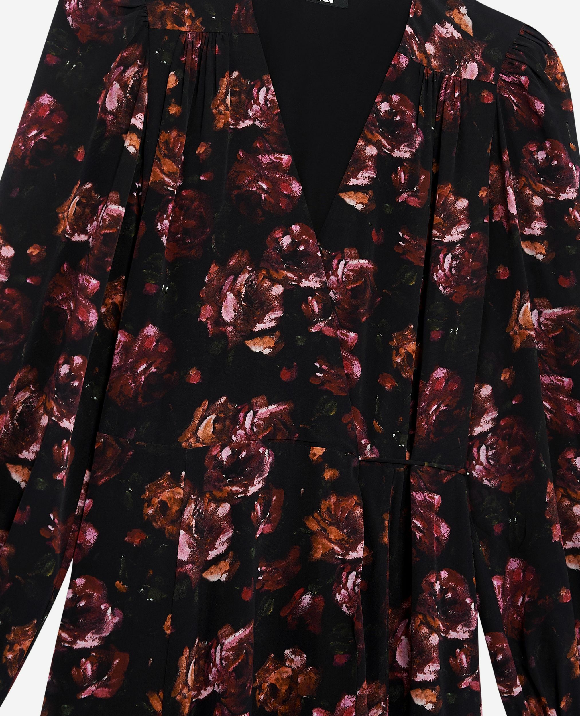 Burgundy silk blend floral print long dress, BLACK - RED, hi-res image number null