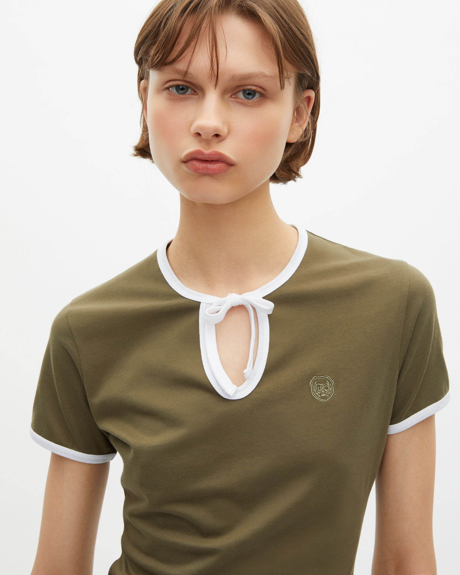 T-shirt kaki avec col goutte, KAKI, hi-res image number null