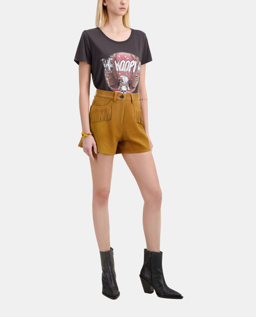 The Kooples FEMME CAMEL short en cuir camel avec franges