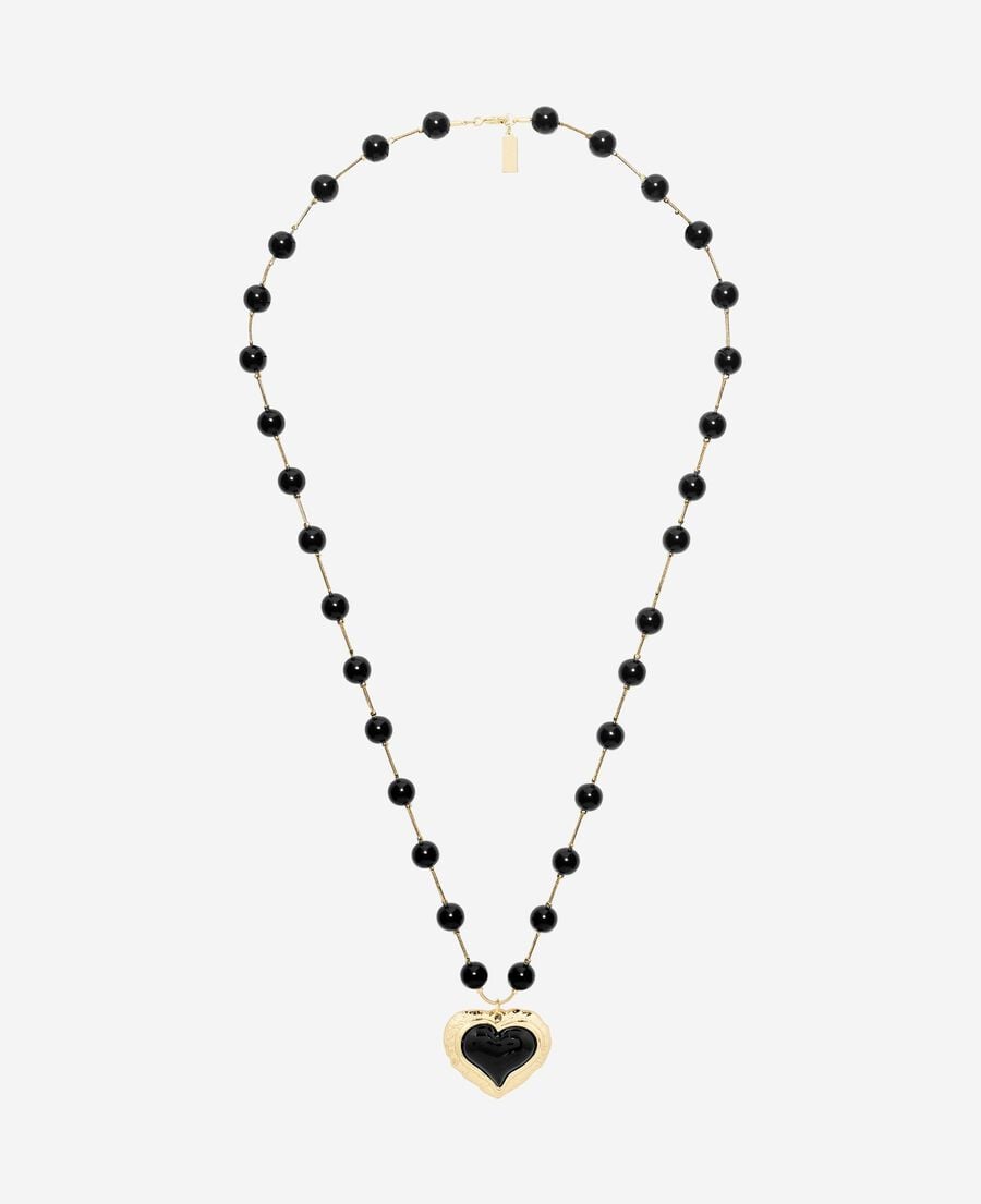 The Kooples FEMME GOLD collier perles et pendentif c&oelig;ur noir