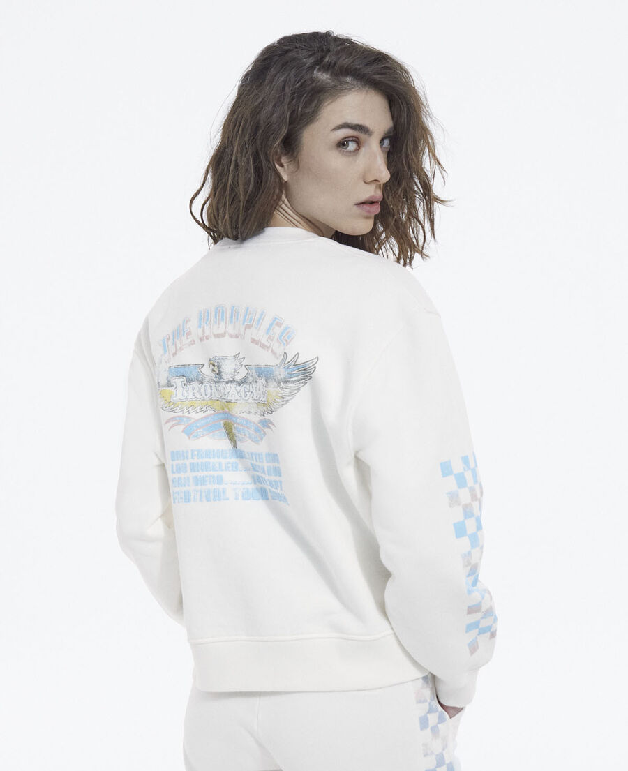 ecru screen printed check motif sweatshirt