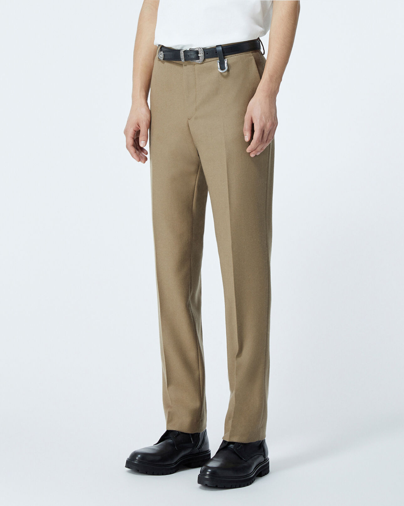 The Kooples MEN CAMEL camel-colored wool pants w/leather detail