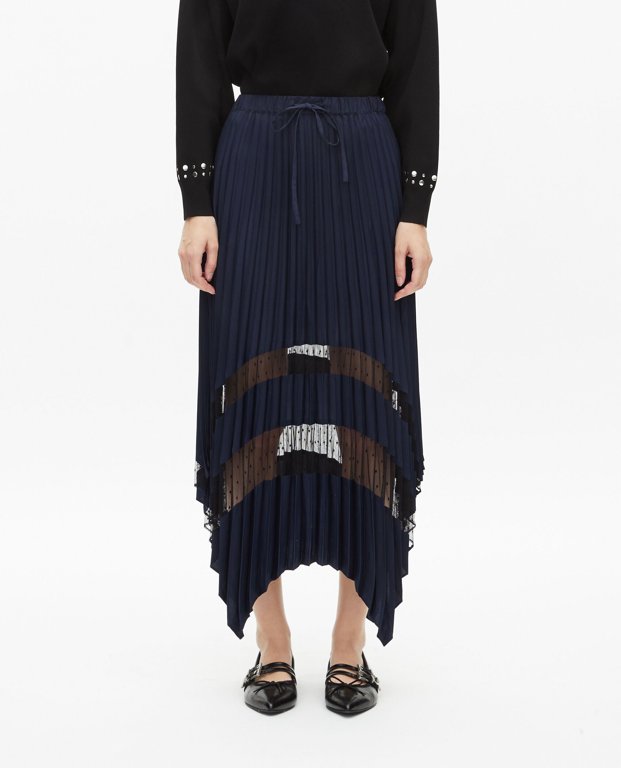 Navy blue pleated long skirt, NAVY, hi-res image number null