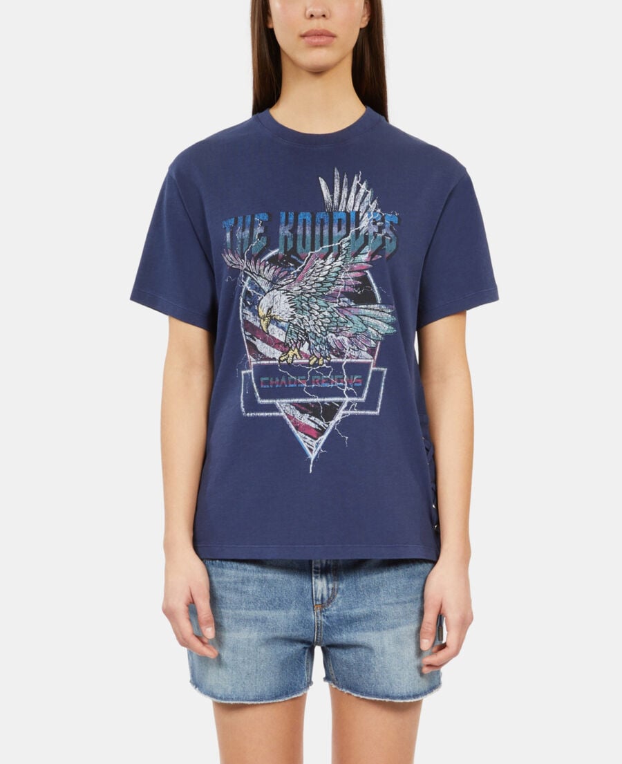 The Kooples DAMEN WASHED NAVY marineblaues t-shirt mit schnürung und eagle-siebdruck