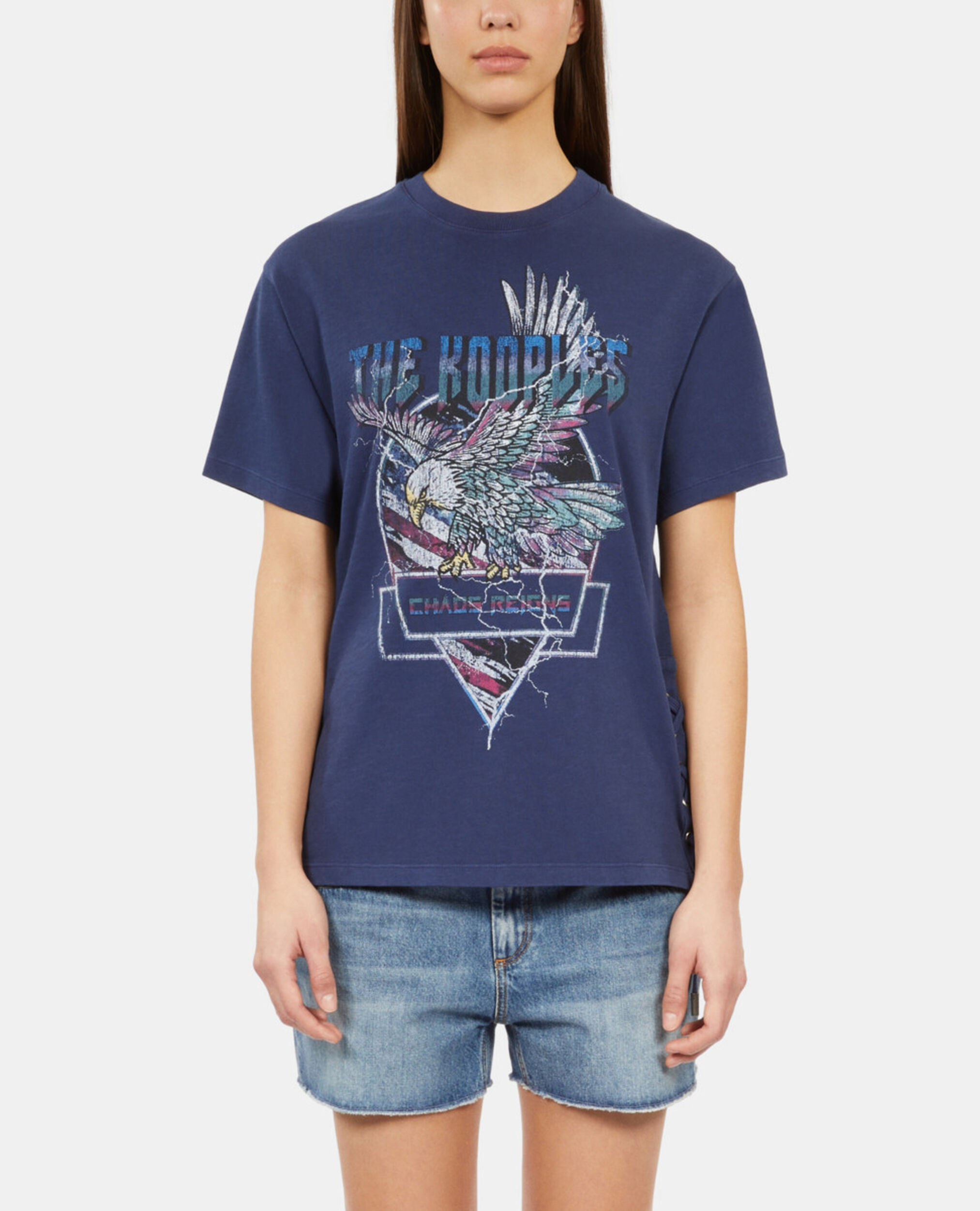 Marineblaues T-Shirt mit Schnürung und Eagle-Siebdruck, WASHED NAVY, hi-res image number null